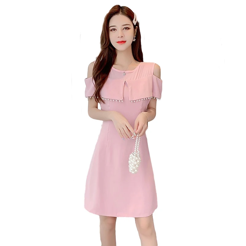 

COIGARSAM Ruffles Women one-piece dress korean New Summer Patchwork Beading Mesh High Waist Dresses White Pink Black 8855