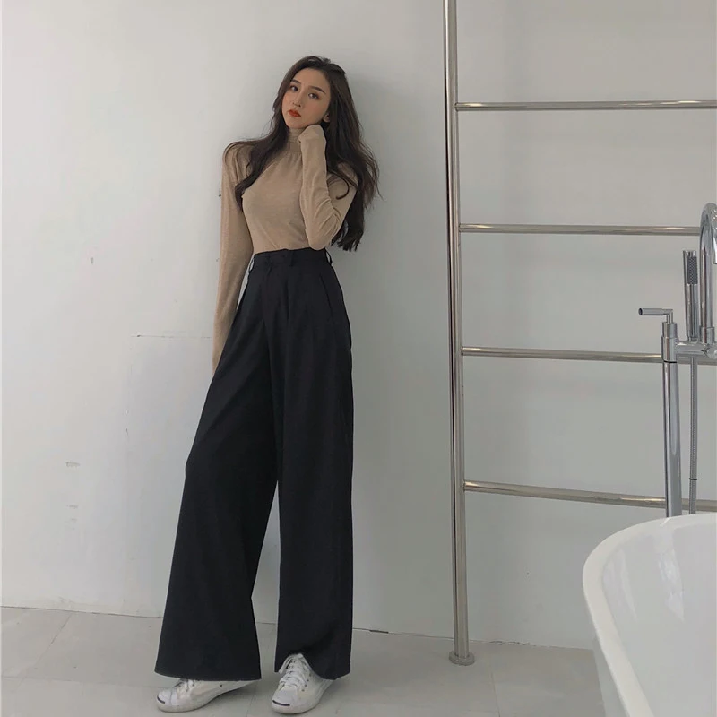 

2021 Spring Autumn Female Solid Wide Leg Pants Women Full Length Pants Ladies High Quality simple Casual Straight Pants