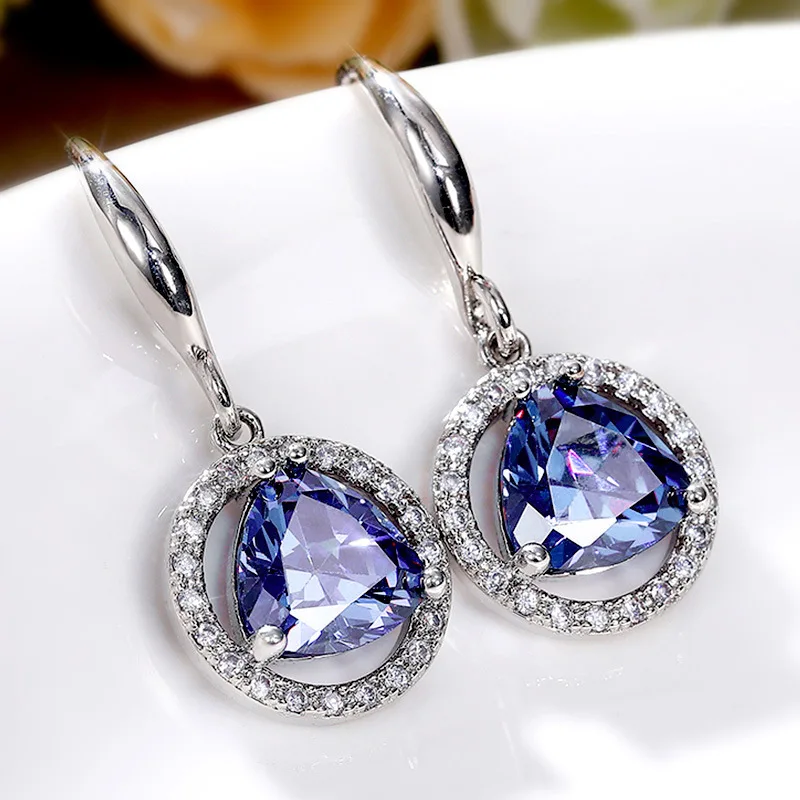 

Fashion Triangle Blue Stone Dangle Earrings for Women Vintage Wedding Party Jewelry Accessories Silver Color Purple Hook Earring