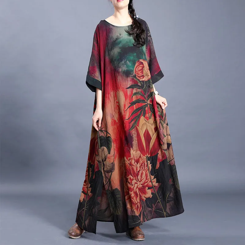 Женское свободное платье с круглым вырезом Johnature удобное весеннее цветочным