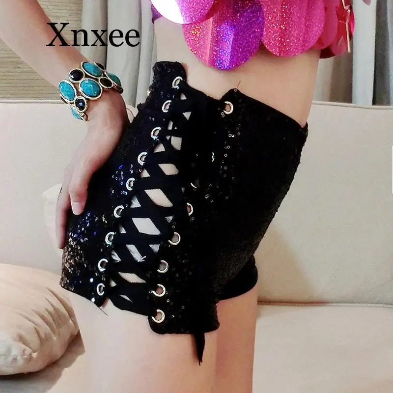 

Сексуальные женские шорты на шнуровке с блестками для девушек, блестящие черные облегающие Клубные шорты с высокой талией и блестками, праз...