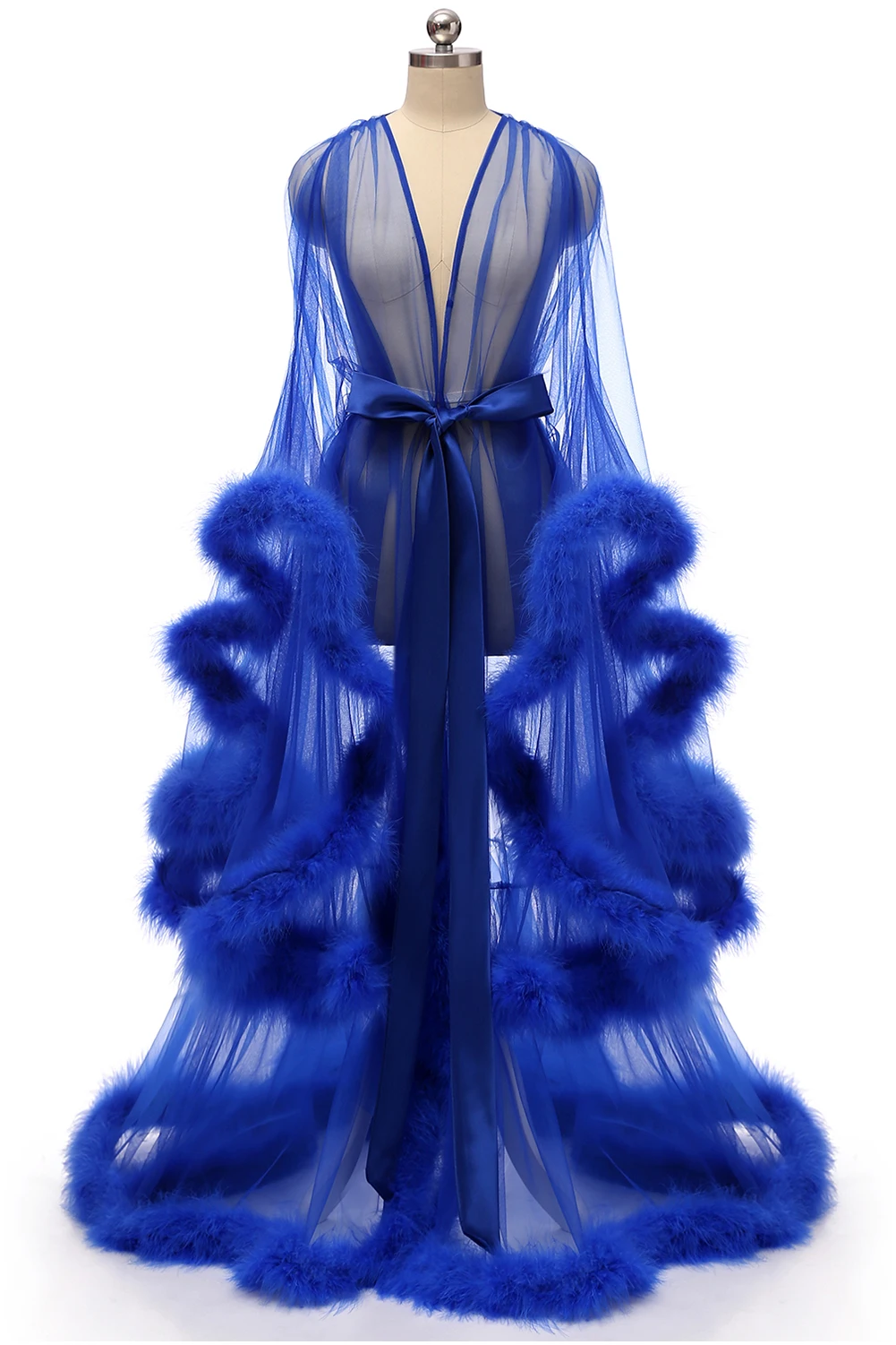 Свадебный будуарный халат с розовыми перьями прозрачный из тюля иллюзионный