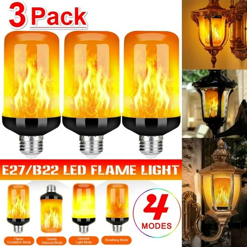 

3Pack 99LED Flickering Bulb 4 Modes Lamp Flame Effect Fire Light Bulb Gravity Sensor Lamp Garden Lighting Decor Bulb