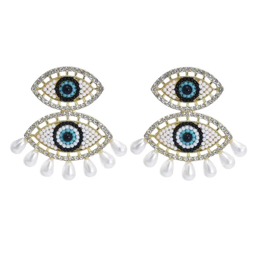 Korea Fashion Cute Crystal Pendant Eye Earrings For Women Bohemia Colorful Beads Riva Pearl tassel Drop Earrings Jewelry