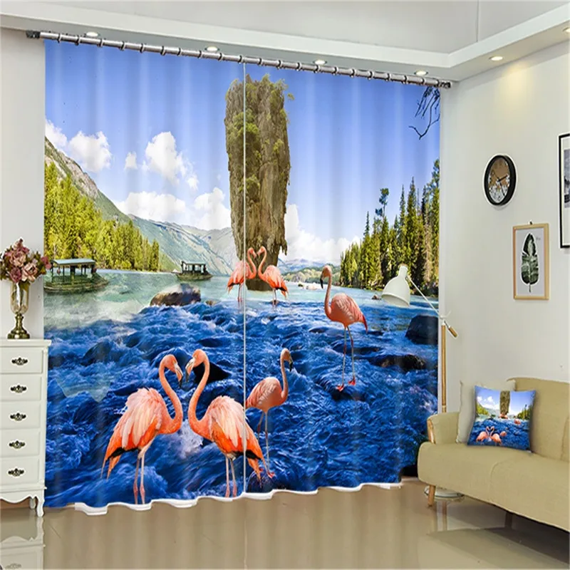

3D curtain blue Mediterranean digital shading photo print curtains flamingo Children's bedroom curtains Drapes Rideaux