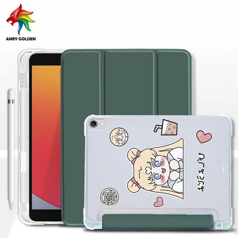 

Case for iPad 11 10.2 10.5 10.9 9.7 Inch 6th 5th Generation Trifold Stand Transparent Back Cover Pencil holder Auto Wake Sleep