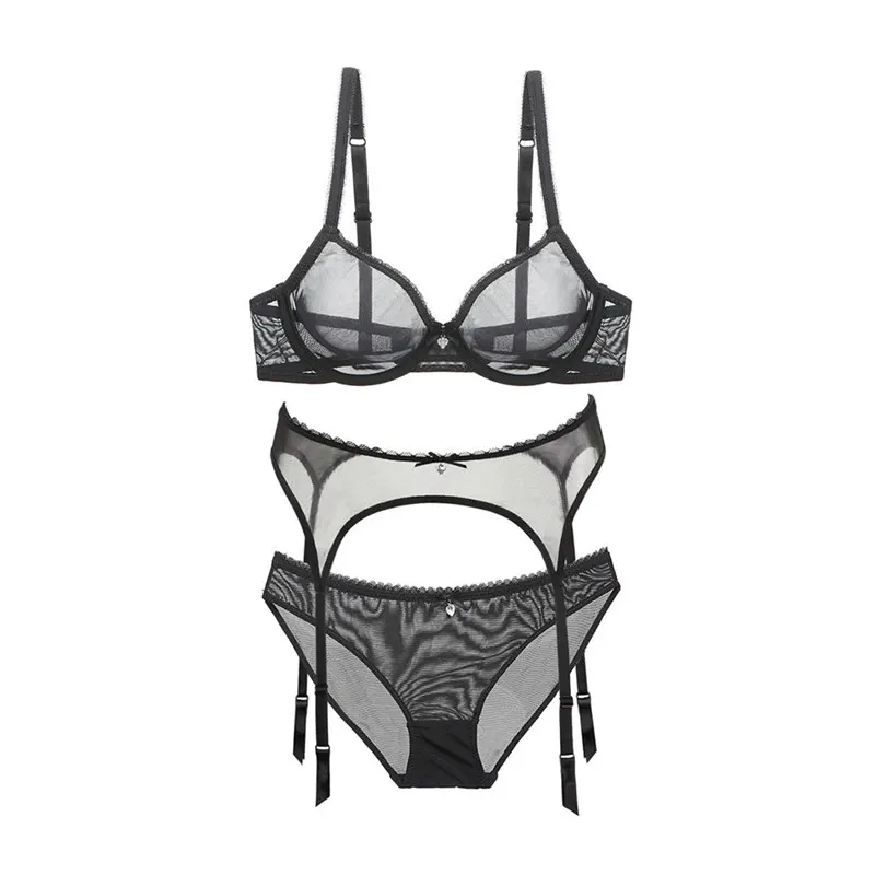 black with panties Varsbaby женские сексуальные прозрачные без подкладки нижнее белье на косточках наборы бюстгальтеров 3 шт./лот - Цвет: black with panties