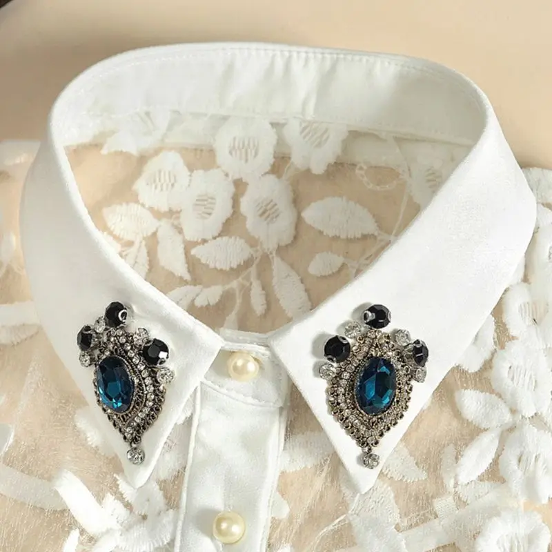 

Women Faux Crystal Lapel Detachable Half-Shirt Imitation Pearls Lace Fake Collar XX9D