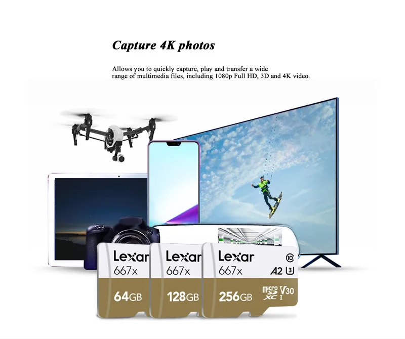 Lexar Professional 667x Micro SD карта 128 Гб 64 Гб 256 ГБ MicroSDXC карта памяти A2 C10 V30 1080p Full-HD 3D 4K TF карта