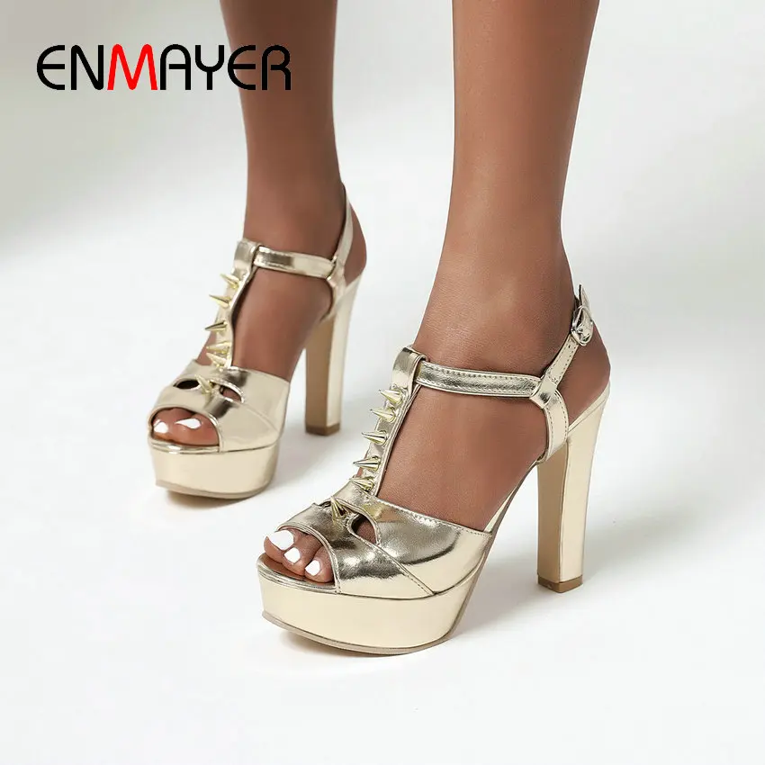 

ENMAYER 2020 Sexy Party High Heel Sandals PU Buckle Strap Mixed Colors Sandals Women Platform Square Heel Serpentine Women Shoes
