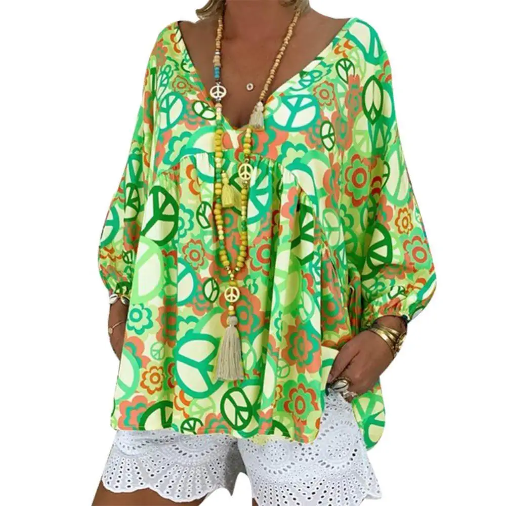 

80%HOT Summer Women Floral Print V Neck Long Sleeve CausalS1 Loose T Shirt Pullover Top