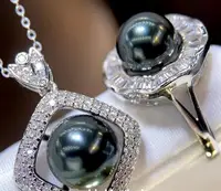 black Freshwater pearl zircon crystal bead ring rings pendant chain set Jewellery