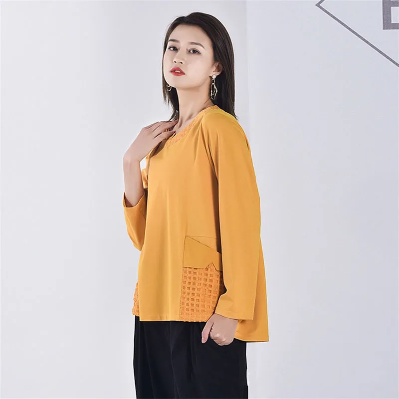 

IEQJ T-shirt Womens Plaid Pockets Patchwork Full Sleeve Round Collar Office Lady Designed Wild 2021 New Spring Fashion XA211