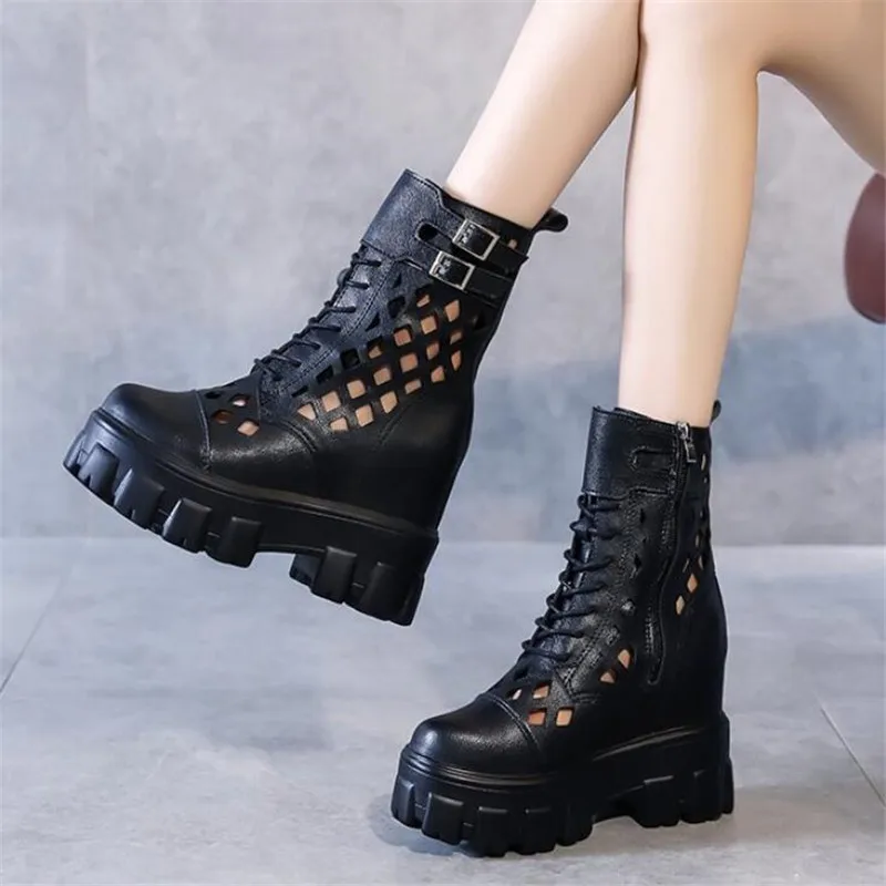 

New mid-calf thick-soled sandals boots women summer black boots hollow mesh wedge sandals women's shoes increased heel