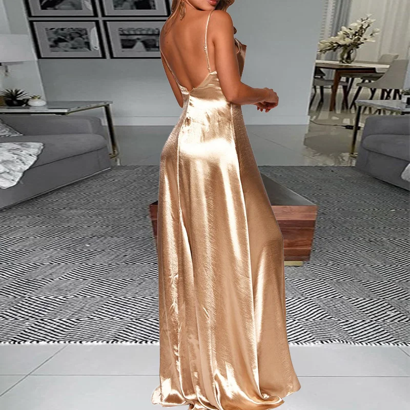 

Spring Off Shoulder Sleeveless Maxi Dress Women Strap Backless Split Satin Party Dress Sexy Solid Slash Neck Long Dress Vestidos