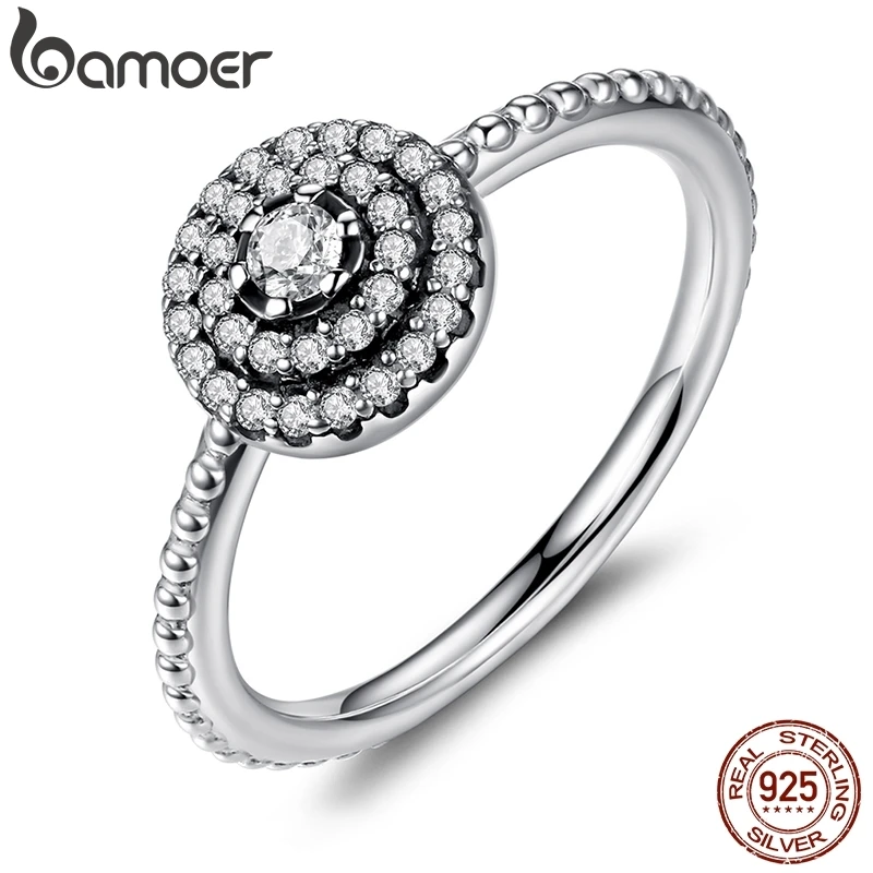 BAMOER 925 пробы Серебряная круглой формы сияющая элегантность, прозрачный CZ цветок палец кольца для женщин юбилей распродажа PA7178