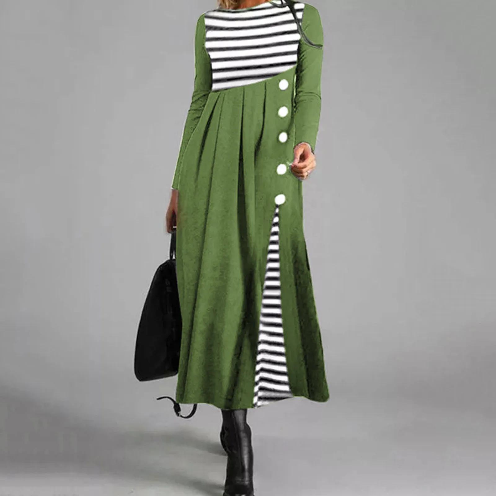 

Модное Женское осеннее Платье, повседневное длинное Платье в полоску с длинными рукавами и пуговицами в стиле пэчворк