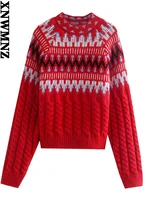 xnwmnz za sweater women cable knit jacquard sweater womens round neck long sleeve loose autumn pullover red new years clothing