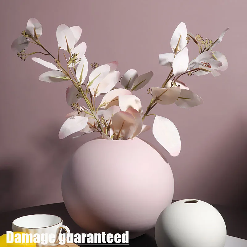 

Nordic round ceramic pot White flower vase home office entrance shelf decoration ball shape vivid color Large size