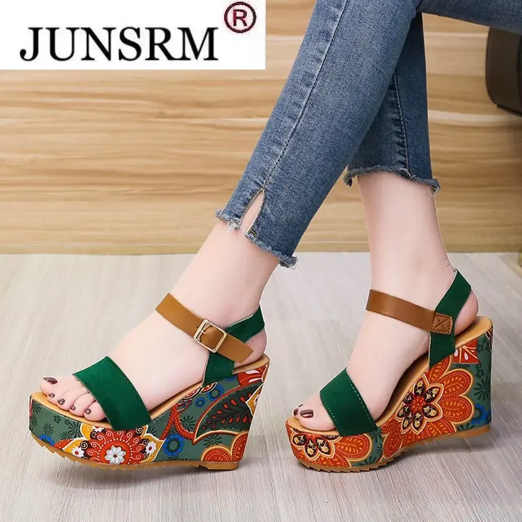 

Women Sandals Shoes Printing Slope Heel High Waterproof Platform Ladies Ankle Strap Female Round Toe Summer Fashion Colorful