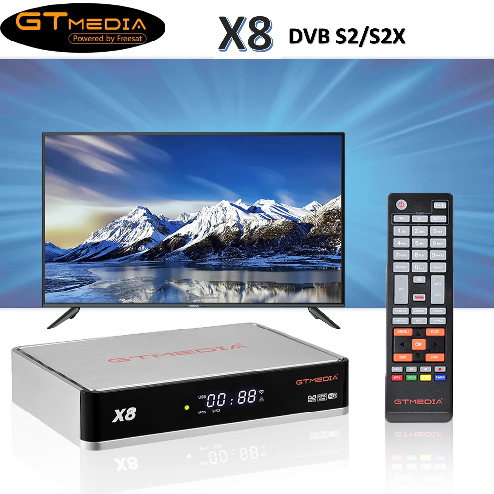 

DVB-S2X Испания спутниковый ТВ приемник GTMEDIA X8 DVB-S/S2/S2X,H.265 10 бит. Мульти-PLP M3U 2,4G WI-FI Декодер каналов кабельного телевидения с дистанционным управл...