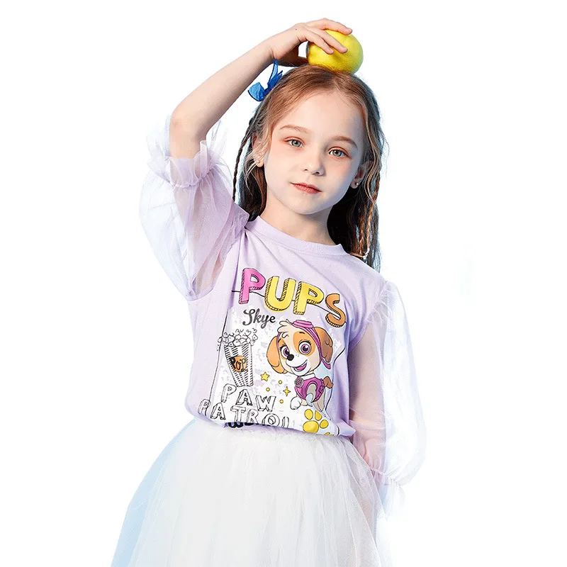 

Paw Patrol Children Clothings Ice Silk T-shirt Girls Round Neck Breathable Mesh Sleeves 2021 Summer New Loose Top Party Dress Up