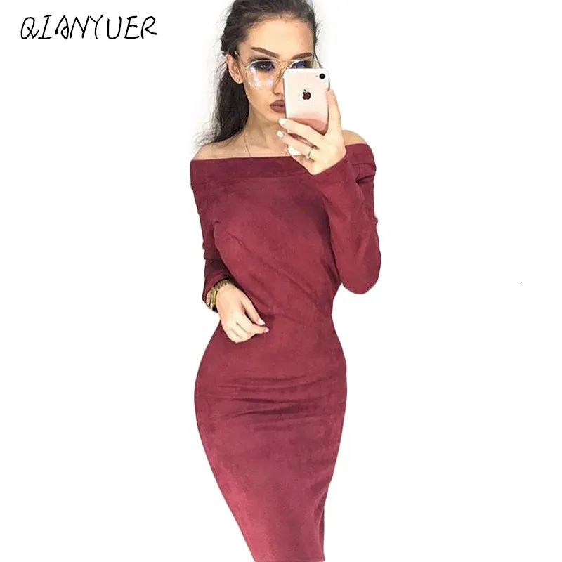 Женское платье замшевое с длинным рукавом открытыми плечами женское миди