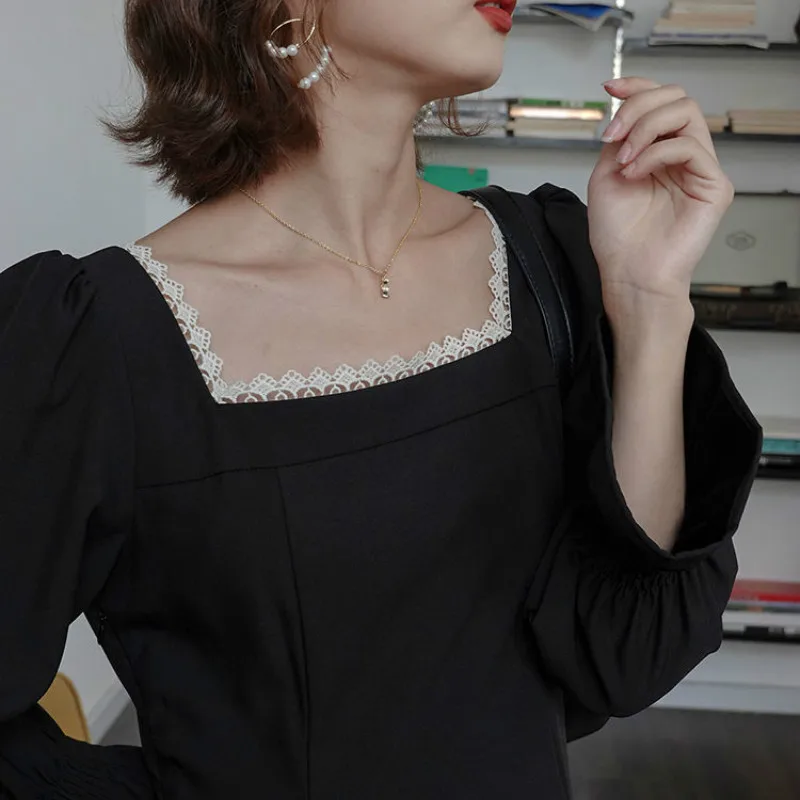 

Dress Women Retro Lace Loose Vintage Elegance Empire Plus Size Square Collar Womens Trendy Black Hepburn A-Line Femme Vestido