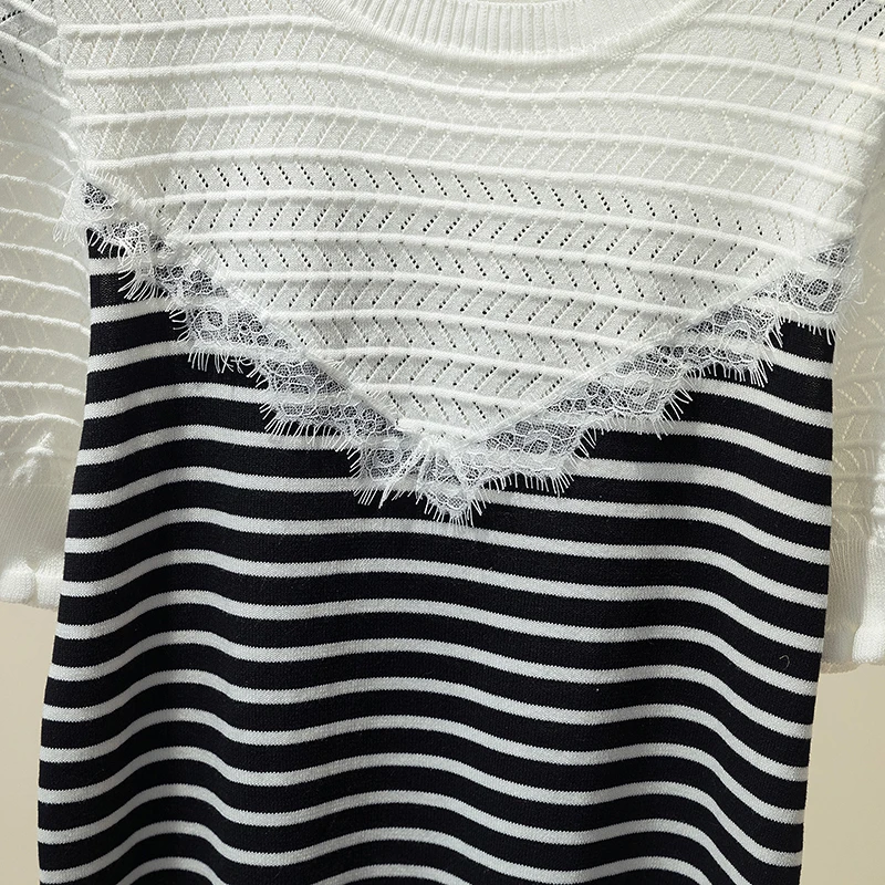 

Lace Stitch Striped Knitted Spring Autumn Summer Vintage Clothes For Women Short Sleeve T-Shirt Tops Blouses Vetement Femme 2021
