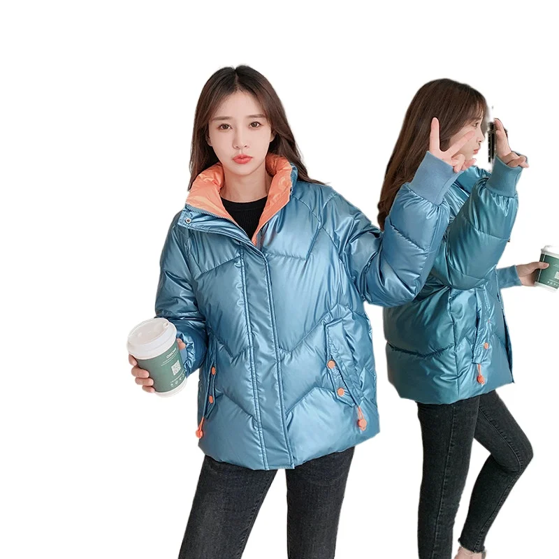 

2022 Women's Down cotton Jacket Solid Stand Collar Long Sleeve Ladies Black Parka Zipper Pockets Winter Thick Coat for Female