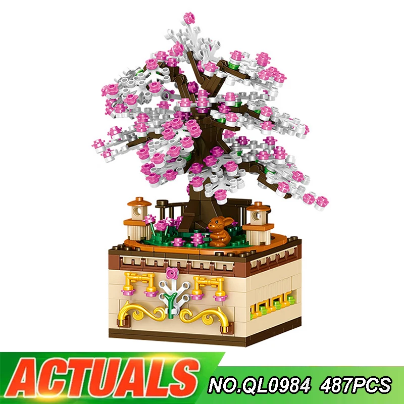 

ZHEGAO QL0984 Сакура Дерево вращающаяся музыкальная шкатулка в сборе Модульные строительные блоки кирпичи обучающая детская игрушка подарок на ...
