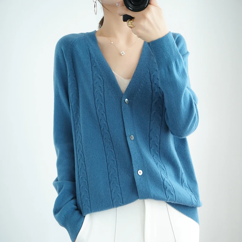 

2020 New 100% Cashmere And Wool Cardigan Women Coat Autumn V-Neck Collar Warm Jacket Long Sleeve Soft Sweater Female Outwear