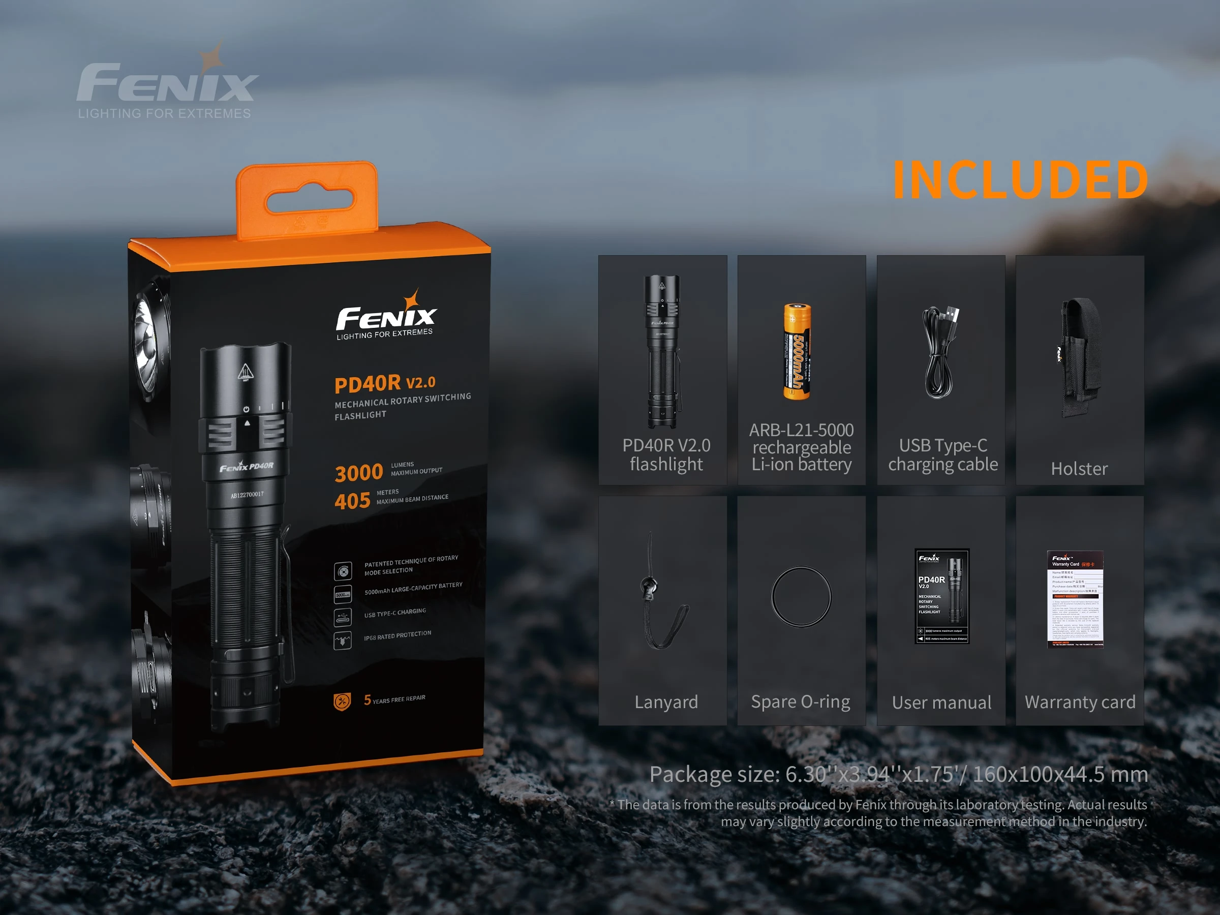 Светодиодный фонарик Fenix PD40R V2.0 зарядка по USB Type-C встроенный аккумулятор 3000 мАч/5000