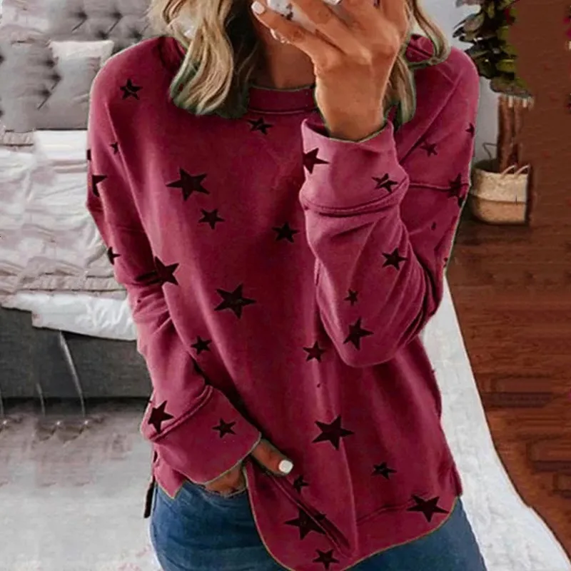 

Autumn New Long Sleeve T-Shirt Women Pentagram Printed O-Neck White Tee 2020 Casual Top S-5XL Big Size Female Loose T-Shirts
