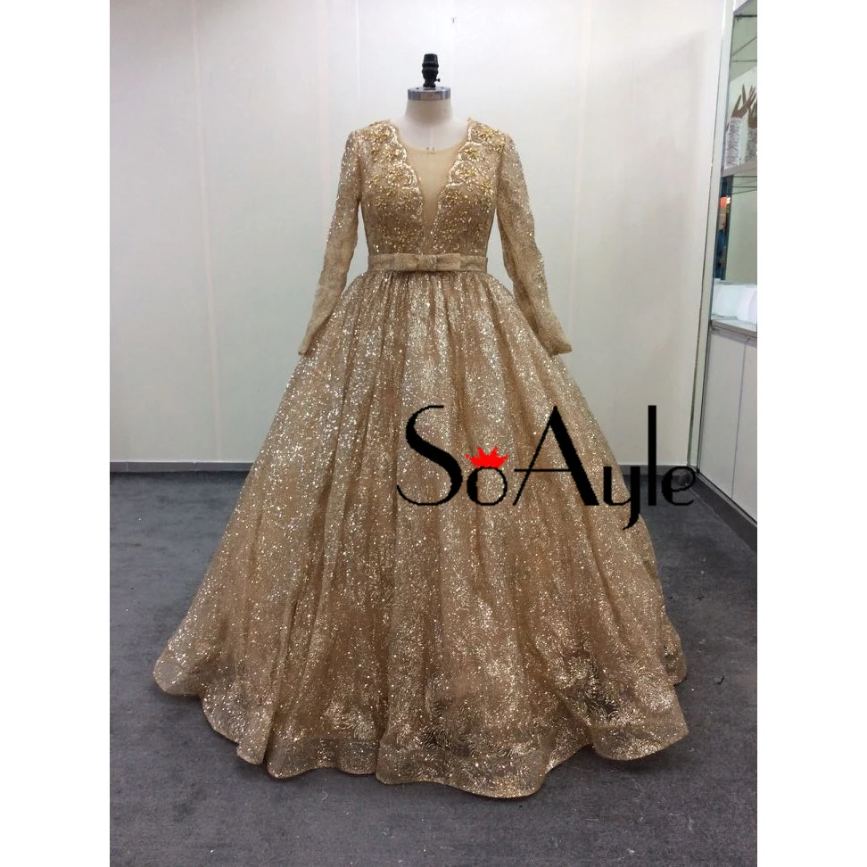 Женское кружевное бальное платье SoAyle длинное прозрачное с золотыми кружевами