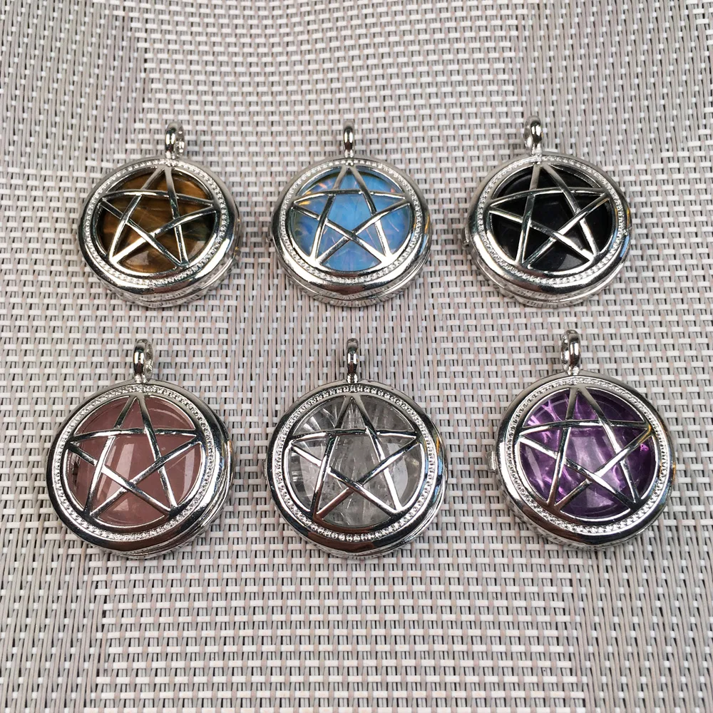 Полый кулон из натуральных камней пятиугольная клетка сплава с камнем Подвески