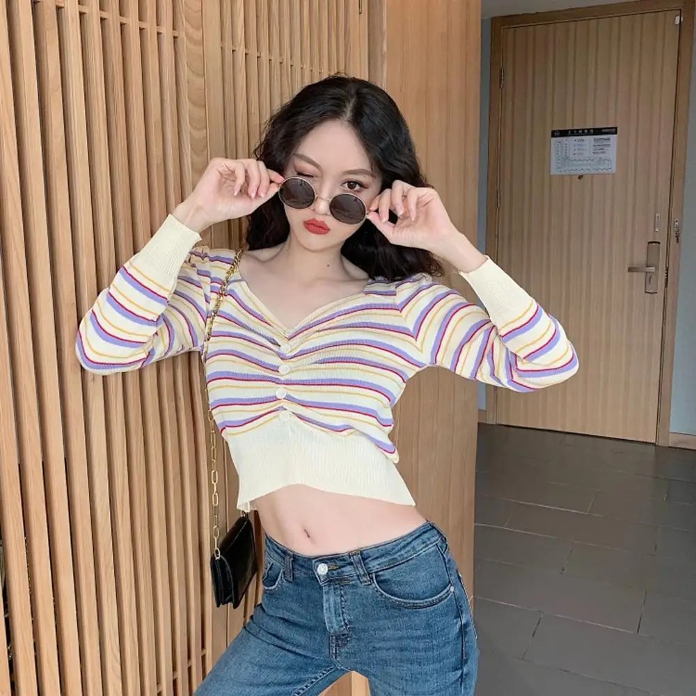 свитер женский sweater Women Casual Knitting V-Neck Tops Long Sleeve Stripe Slim Sweater cardigan pull femme nouveaute 502SS30X |
