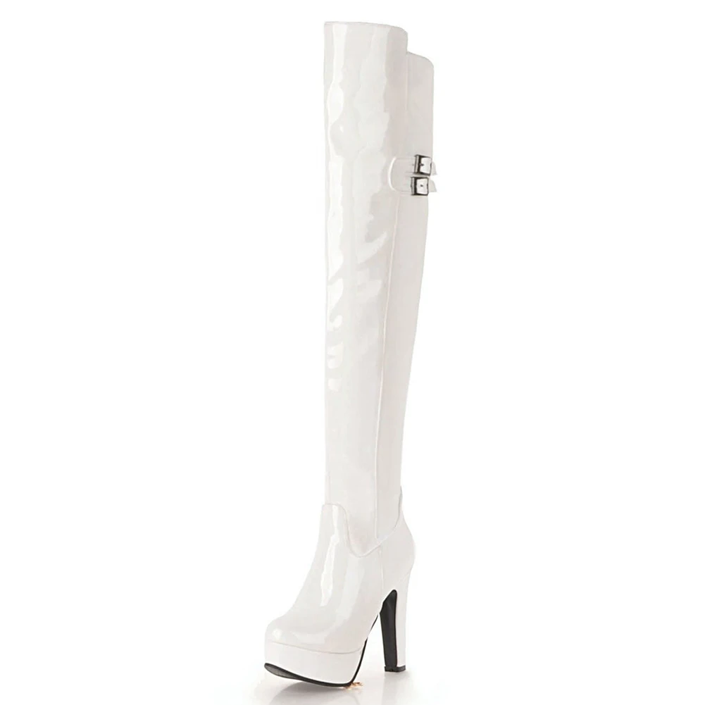 white 1 thin fur BONJOMARISA 32-48 модные сапоги до бедра из лакированной искусственной кожи женские вечерние ботфорты выше колена женская обувь на платформе и высоком каблуке - Цвет: white 1 thin fur