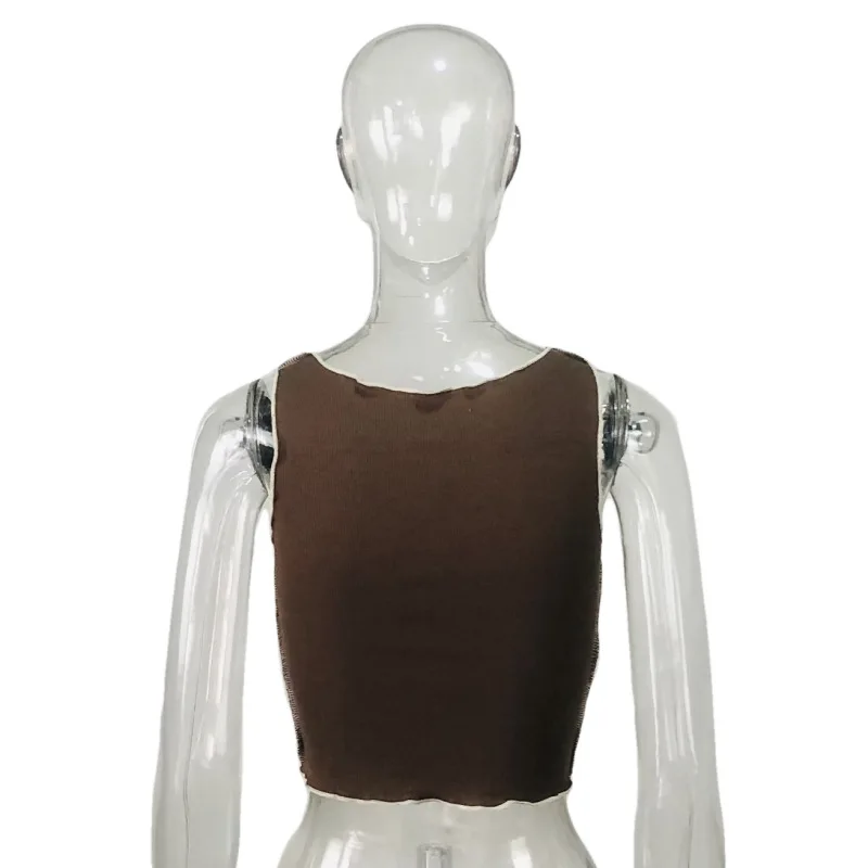 

Eversea Contrast Color Crop Tops Women Causal Streetwear Round Collar Minimal Patchwork Design Lady Girl Causal Vest Tank