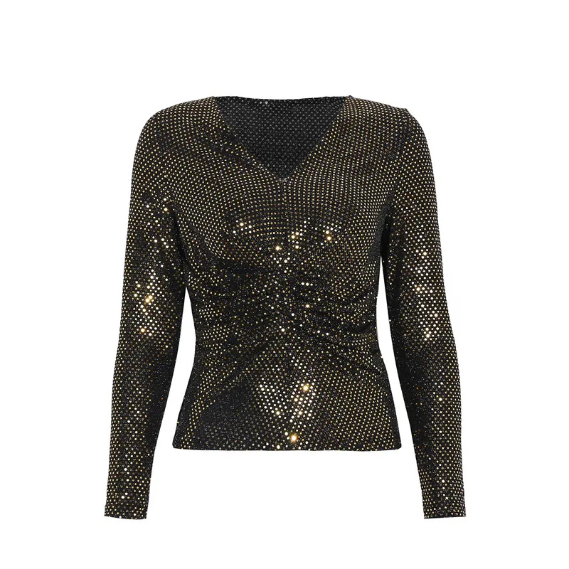 

Fashionable 2021 New Spring Summer Sequined Polka Dot V Neck Long Sleeved Top Women's Party Stretch Sexy Blouses Female
