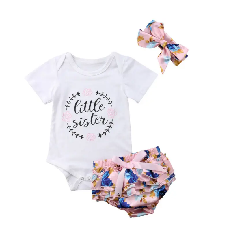 CANIS Newborn Baby Girls Outfits Clothes Short Sleeve Letter Printed Jumpsuit Bodysuit+Pants+Headband Set | Детская одежда и обувь