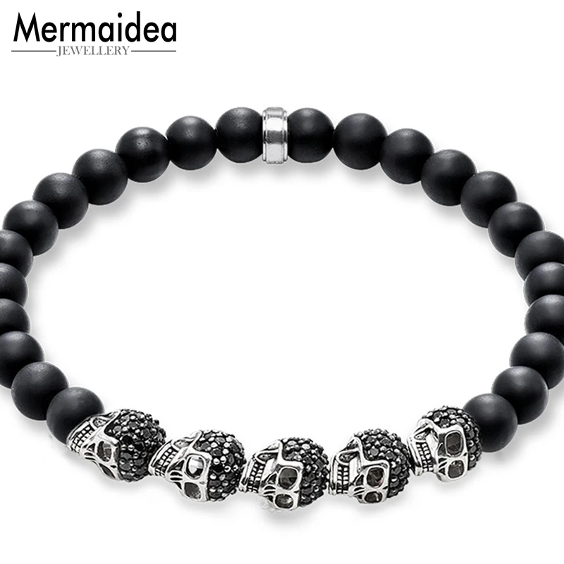 8 мм обсидиан матовые бусины пять посеребренных черных черепа Карма Браслеты Из