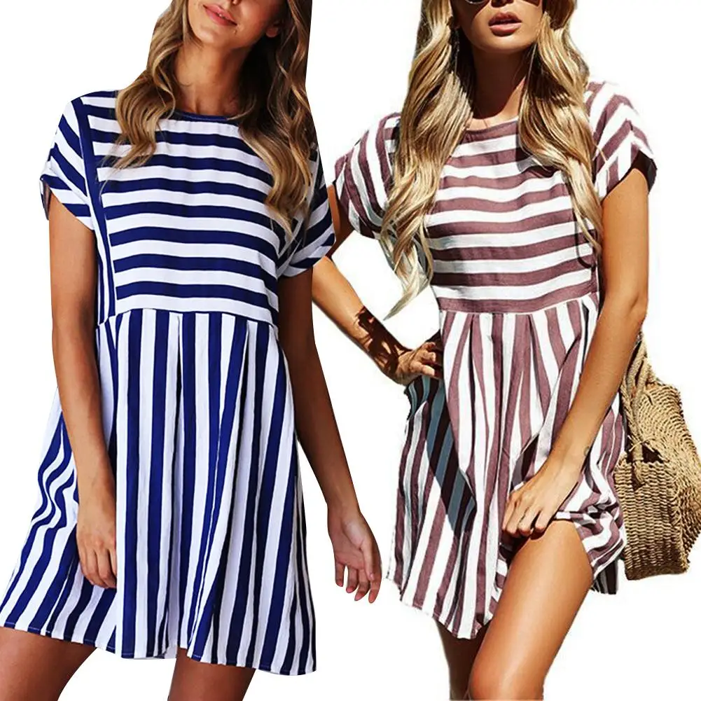 Женские летние платья 2020 Пляжное Платье в полоску с коротким рукавом мини-платье