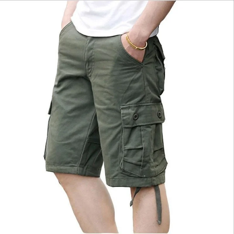 Summer Men's Casual Cotton Cargo Shorts Overalls Long Length Multi Pocket Hot breeches Military Capri Pants Male Cropped Pants images - 6
