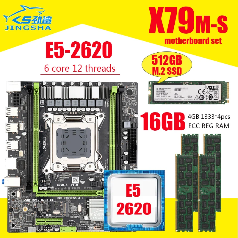 Online X79 X79M-S Motherboard LGA2011 E5 2620 CPU 4 Stücke X 4GB = 16GB DDR3 1333Mhz 10600 ECC REG Speicher Set M-ATX Combos 512GB M.2 SSD