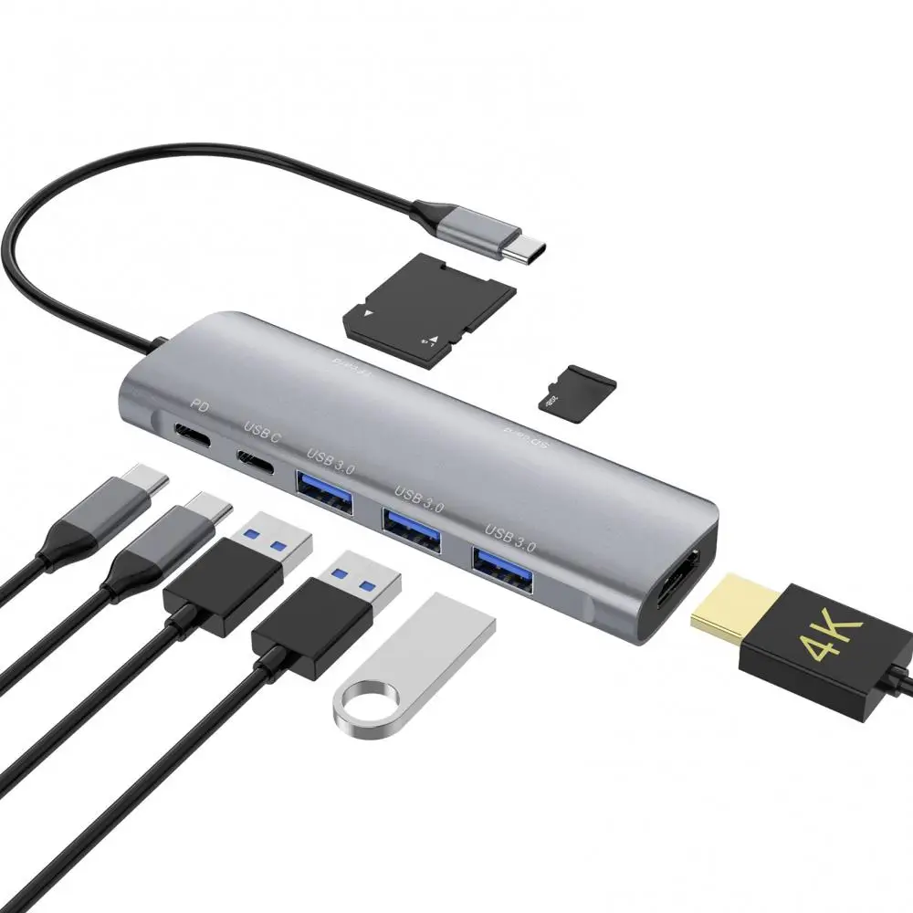 

8-in-1 Type-C Hub to 4K 3 USB 3.0 PD Micro-SD/TF Card Reader USB-C Docking Station Converter drop shipping