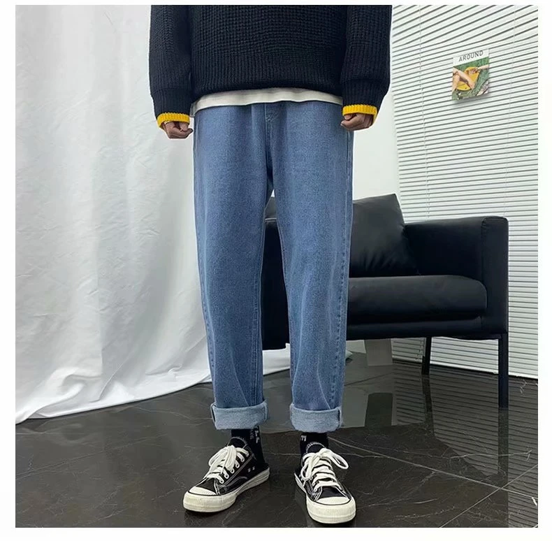 

Jeans Men Loose Straight Leg Pants Elastic Waist Teenager Casual Elastic Pants Mouth Kpop Clothes Hip Hop Wide Leg Long Retro