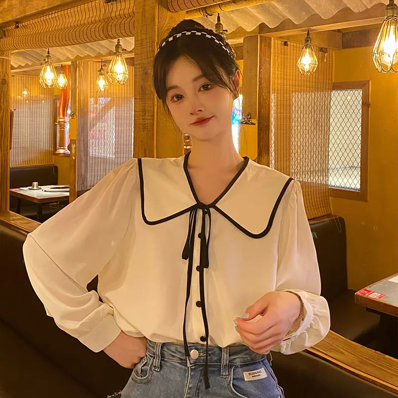 Fashion New Chi Korean Clothes Spring/Autumn Women's Clothing Sweet Casual Shirts Peter Pan Collar Long Sleeve Straight Blouses