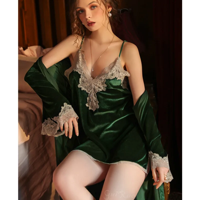 

Flowers Badjas Sexy Edge Flowers Pyjamas Winter Women Nightgown Long Mouwen Nightgown For Women's pajamas Bridal girl Poison