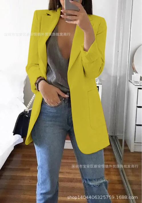 

fashion womenBlazer lapel solid color double pockets solid color large size cardigan suits ladies jacket autumn women's clothing